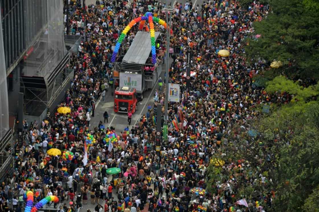 Hundreds of thousands of Brazilians take part in the Sao Paulo Pride Parade whose theme this year is "Vote with Pride – for policies that represent us" Hundreds of thousands of Brazilians take part in the Sao Paulo Pride Parade whose theme this year is "Vote with Pride – for policies that represent us"