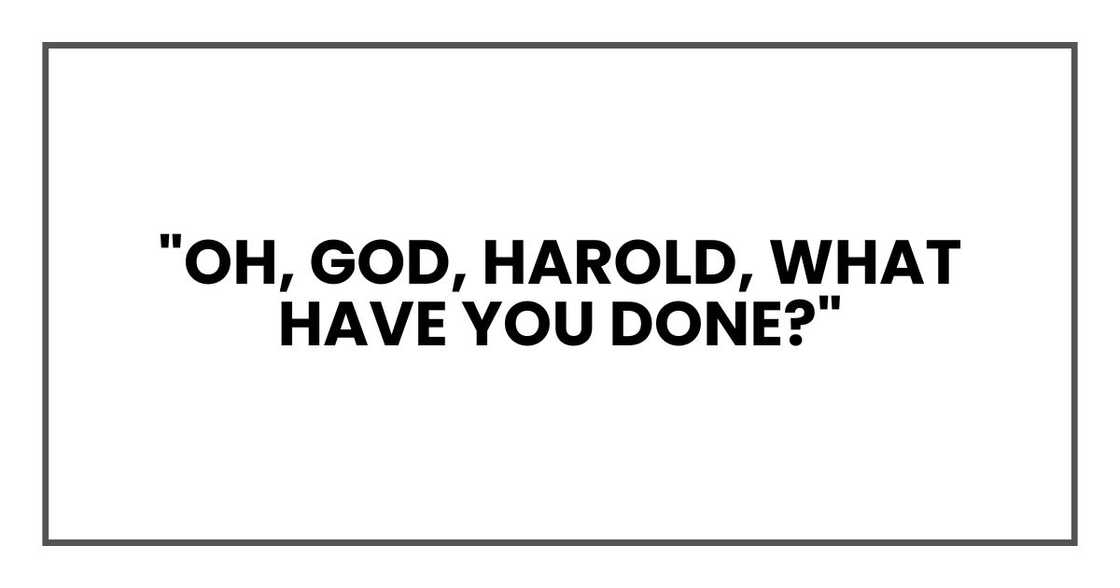 "Oh, God," I whispered. "Harold, what have you done?" "Oh, God," I whispered. "Harold, what have you done?"
