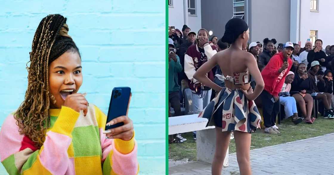 A woman modelled a dress she made from Pick n Pay shopping bags A woman modelled a dress she made from Pick n Pay shopping bags