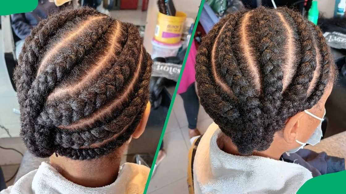 A lady wearing mask with side-swept cornrows A lady wearing mask with side-swept cornrows