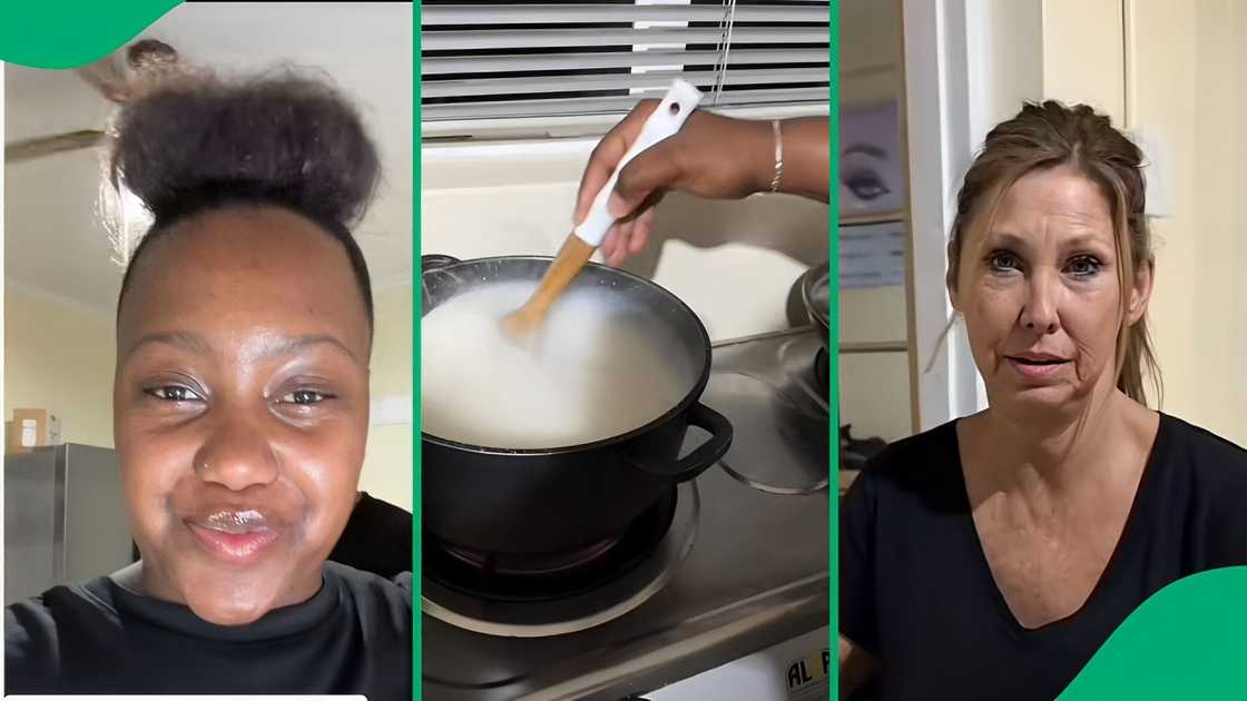 A TikTok video shows a South African woman teaching her US mother-in-law to cook pap.