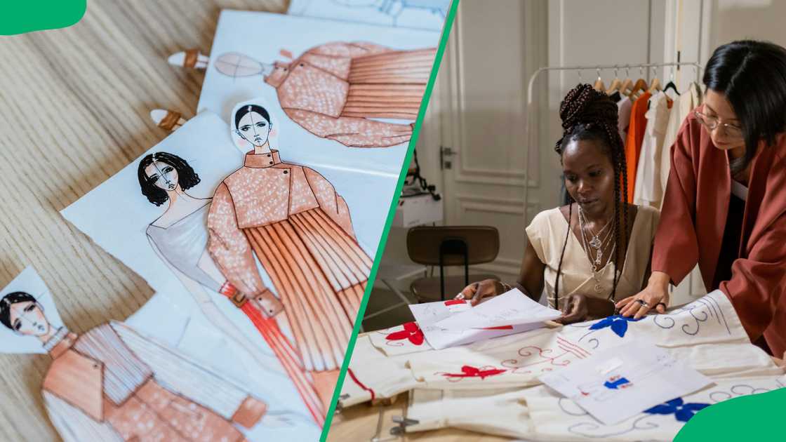 Collection of drawn fashion sketches on wooden table. Women looking at projects. Collection of drawn fashion sketches on wooden table. Women looking at projects.