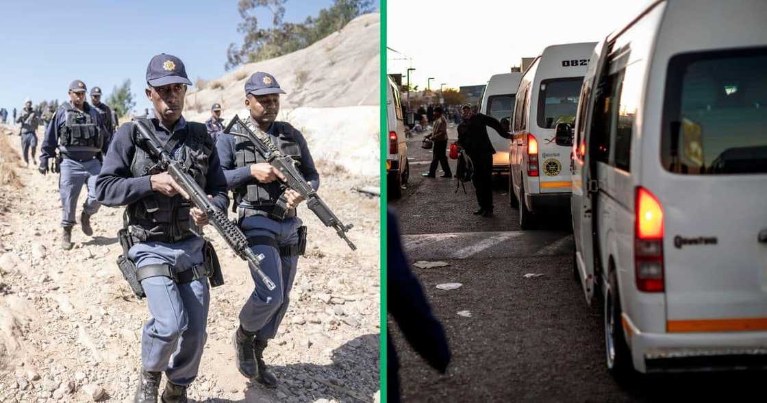 Members of the South African Police Service (SAPS) carrying their weapons and taxis operating at Bara taxi rank in Soweto, Johannesburg.