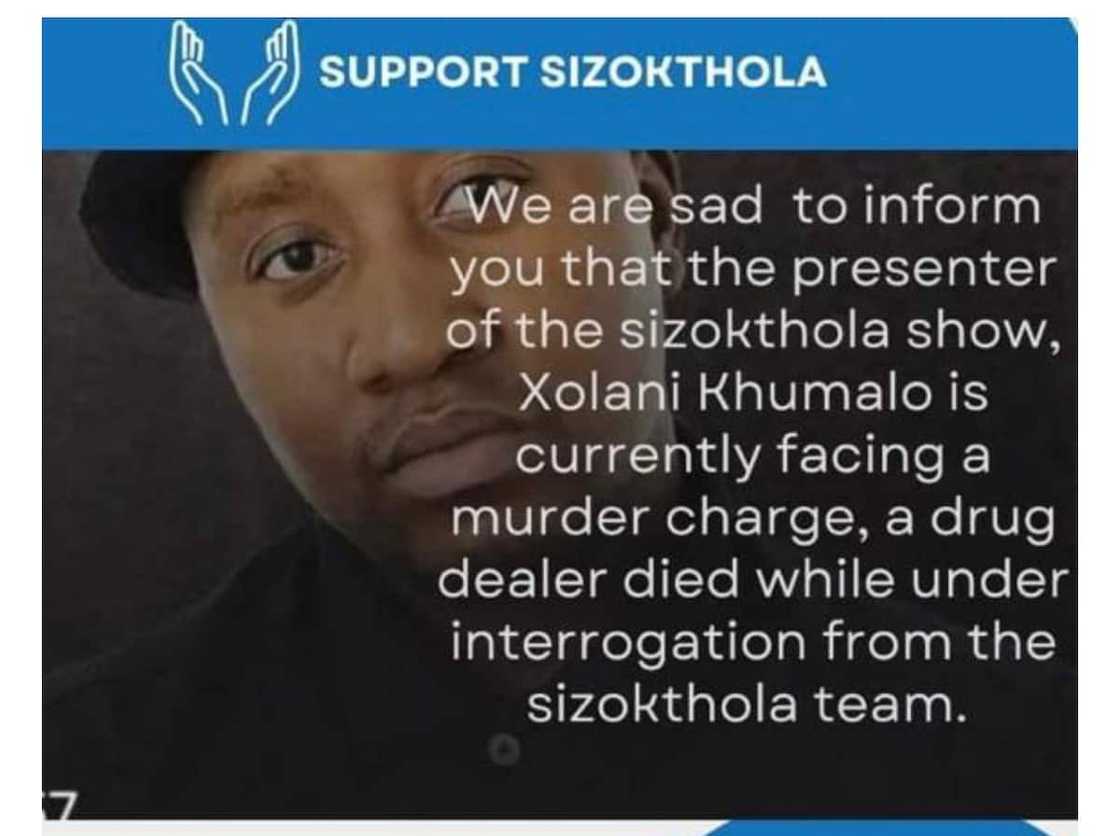 Poster 1 of the 'Sizokthola' fundraising scam alert issued by Moja Love. The scammer asked for R2M in legal fees for host Xolani Khumalo. Poster 1 of the 'Sizokthola' fundraising scam alert issued by Moja Love. The scammer asked for R2M in legal fees for host Xolani Khumalo.