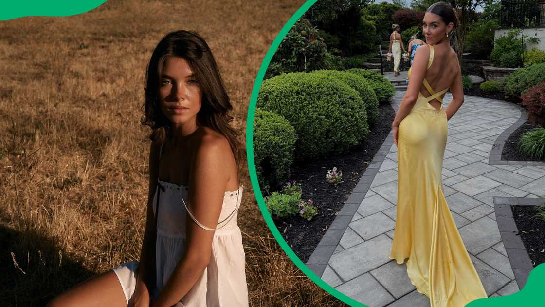 Lauren Maenner poses on a grassland in a white dress and on a concrete pavement in a yellow gown