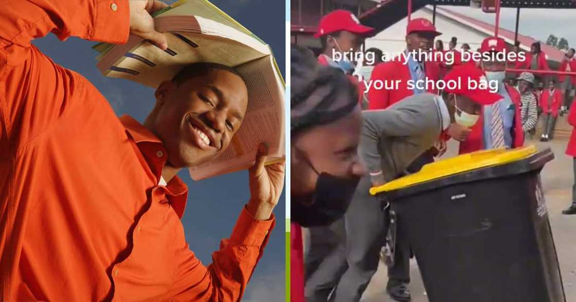 Students, school bags, trashcans, boxes, creativity, no bags Students, school bags, trashcans, boxes, creativity, no bags