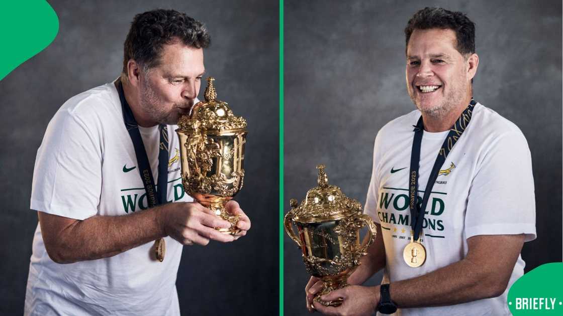 Rassie Erasmus snapped with the Rugby World Cup trophy Rassie Erasmus snapped with the Rugby World Cup trophy