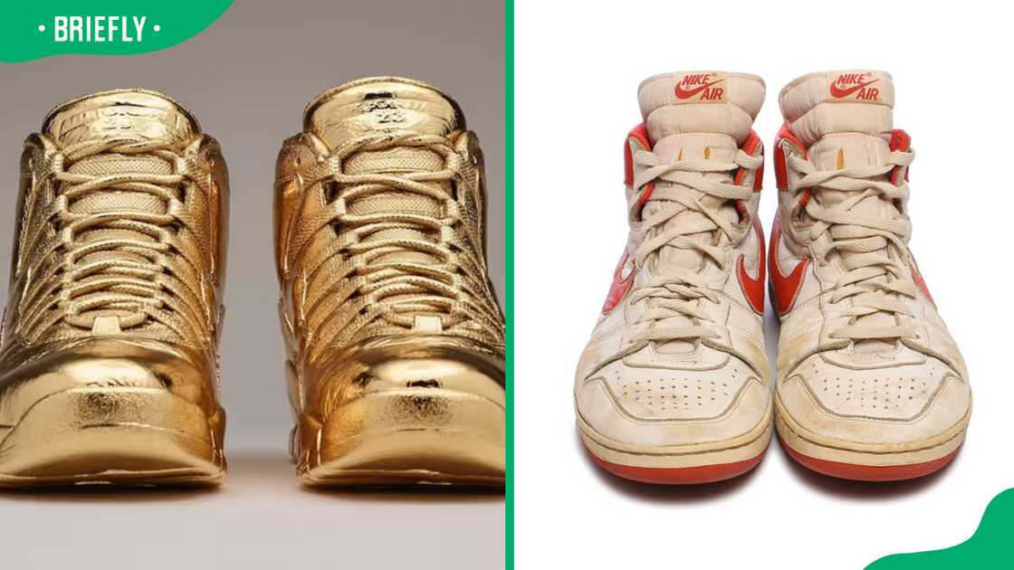 Air Jordan 10 x OVO “Solid Gold” (L) and Nike Air Ship (1984 Game-Worn) (R). Air Jordan 10 x OVO “Solid Gold” (L) and Nike Air Ship (1984 Game-Worn) (R).