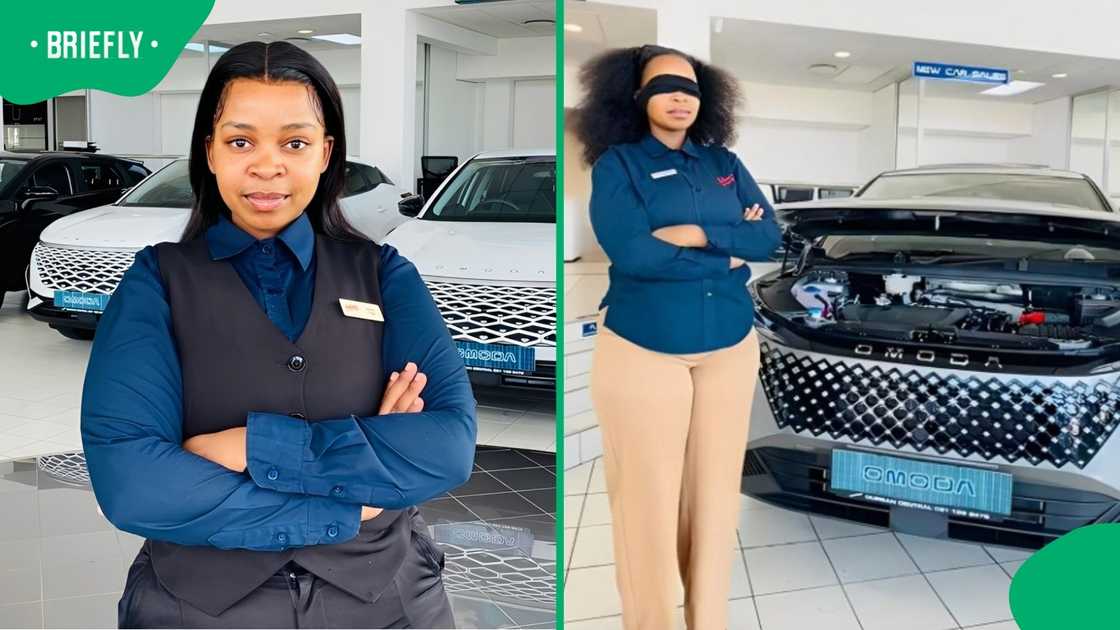 A blindfolded woman guessed the cars. A blindfolded woman guessed the cars.