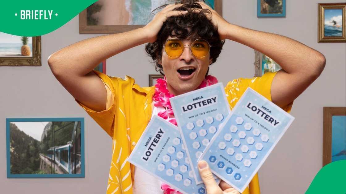 In the foreground, someone held up several lottery cards, making it look like a big win had just happened