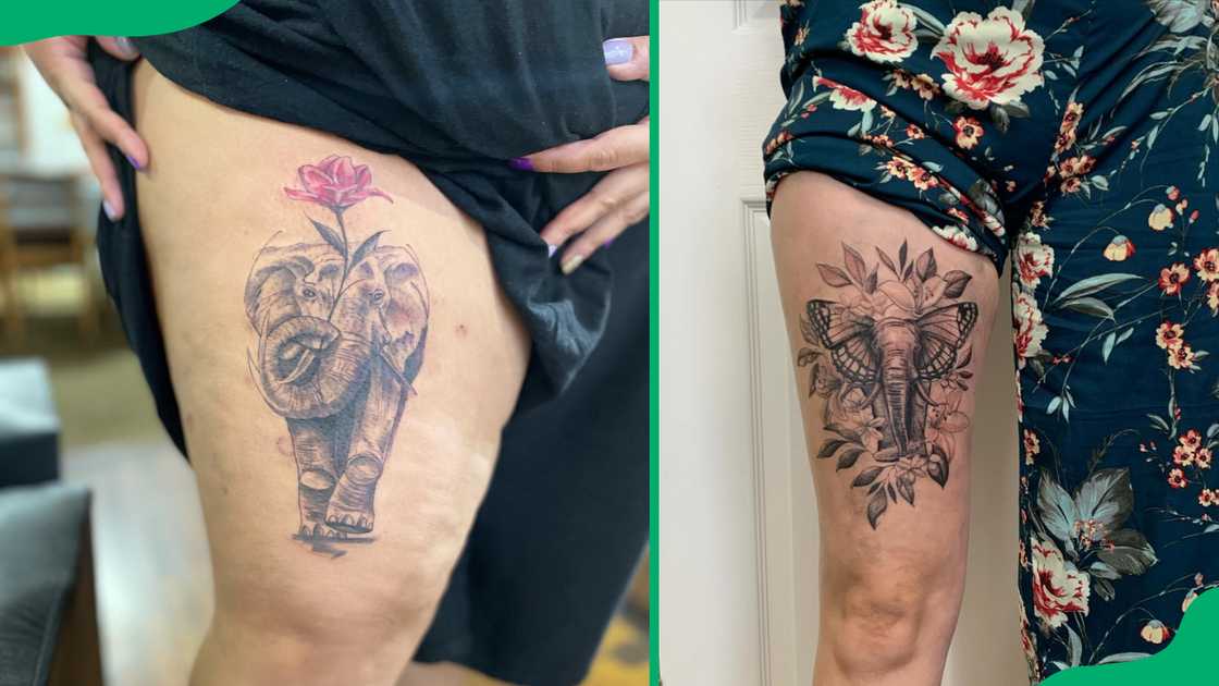 Elephant thigh tattoos.