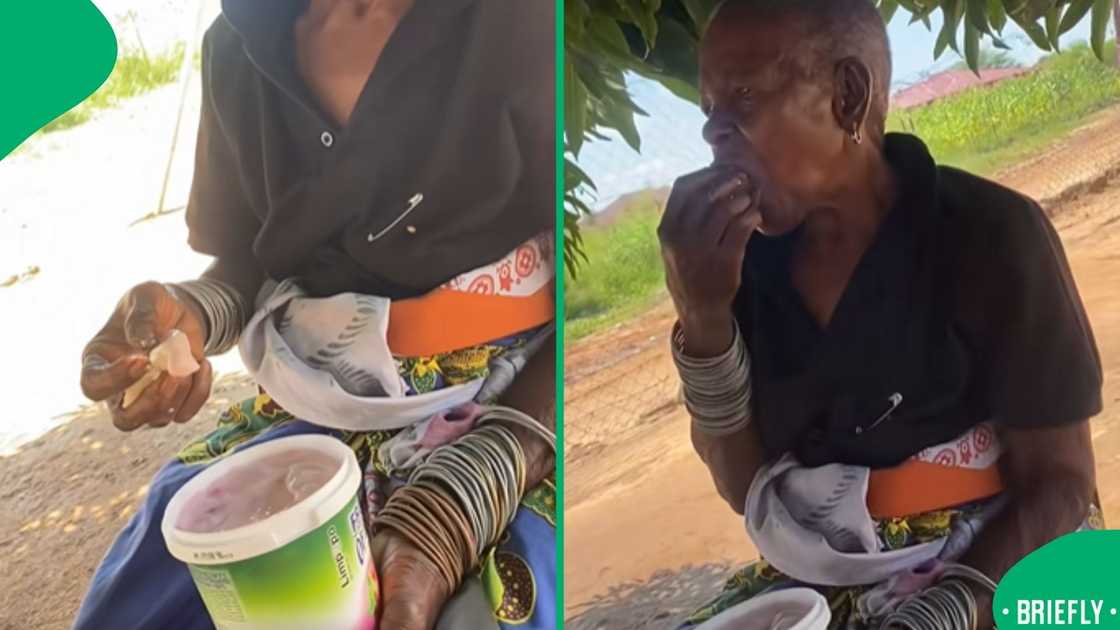 On the right showed the Tsonga grandmother eating the pap and strawberry yoghurt combo On the right showed the Tsonga grandmother eating the pap and strawberry yoghurt combo