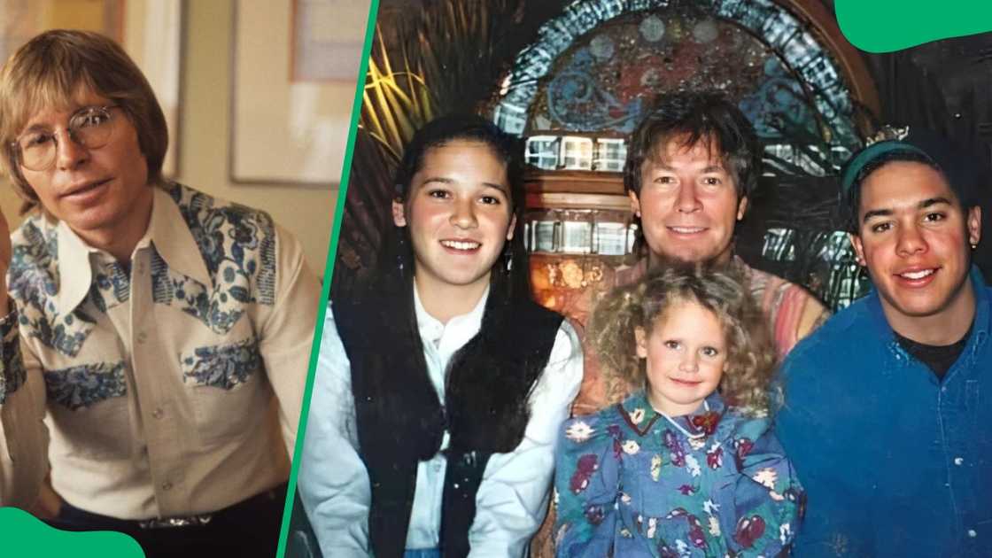 John Denver posing for a portrait in 1979 (L). The late singer with his kids (Anna Kate Denver, Jesse Belle, and Zachary John Denver)