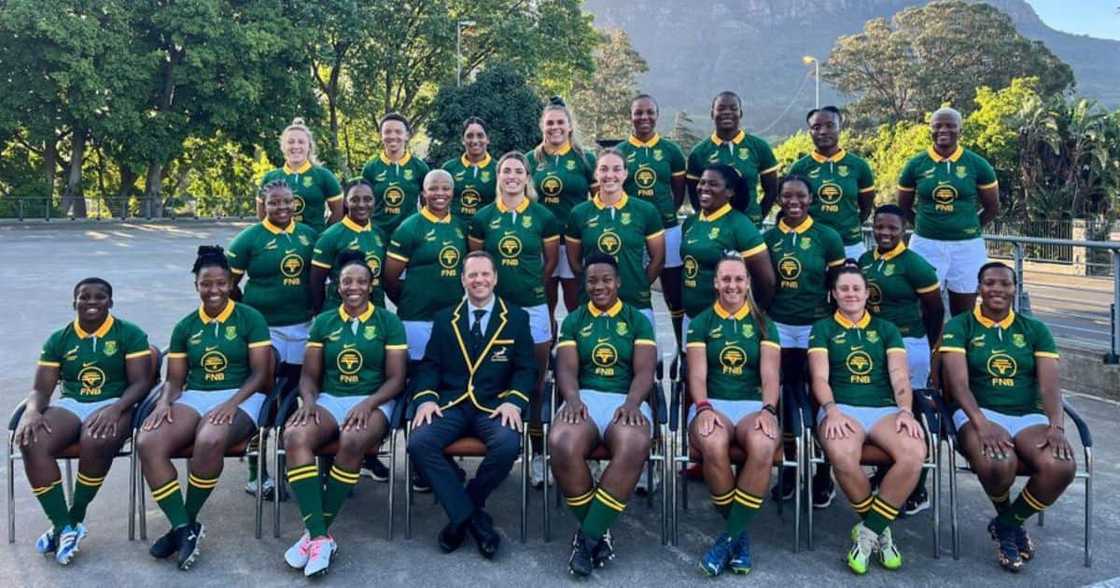 South African Women's Rugby team Springbok Women posing ahead of their game with Italy on 20 October 2023. South African Women's Rugby team Springbok Women posing ahead of their game with Italy on 20 October 2023.