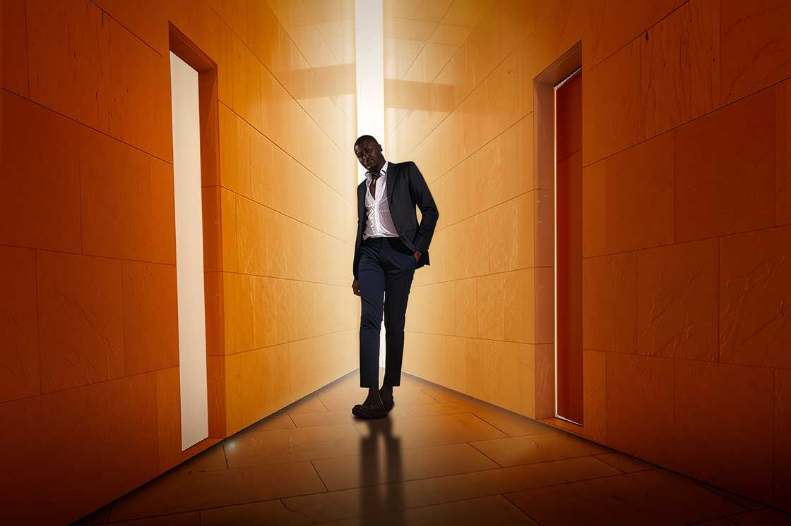 A young man walks in a suit A young man walks in a suit