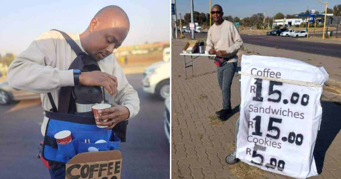Lehubedu Lemo sells coffee on the street as his hustle. Lehubedu Lemo sells coffee on the street as his hustle.