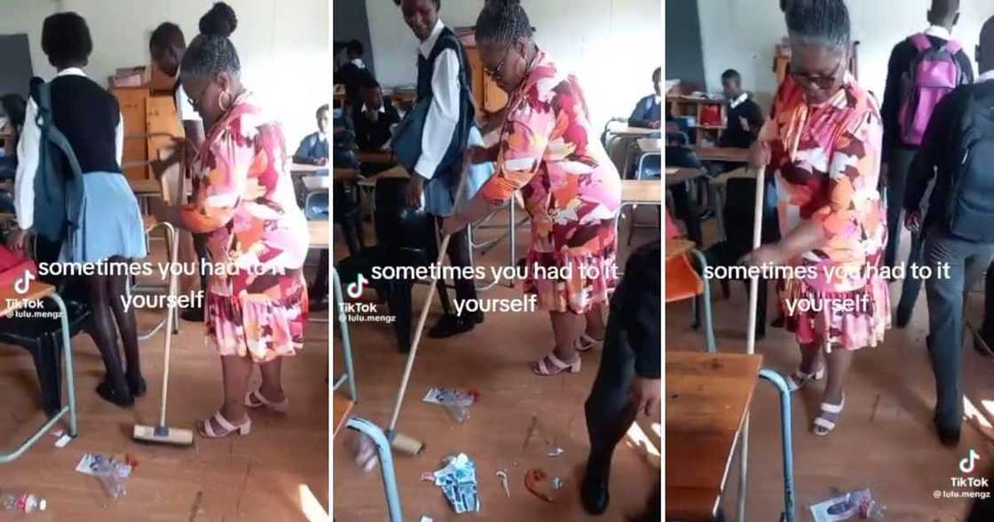 A video of a High School teacher sweeping a filthy classroom A video of a High School teacher sweeping a filthy classroom