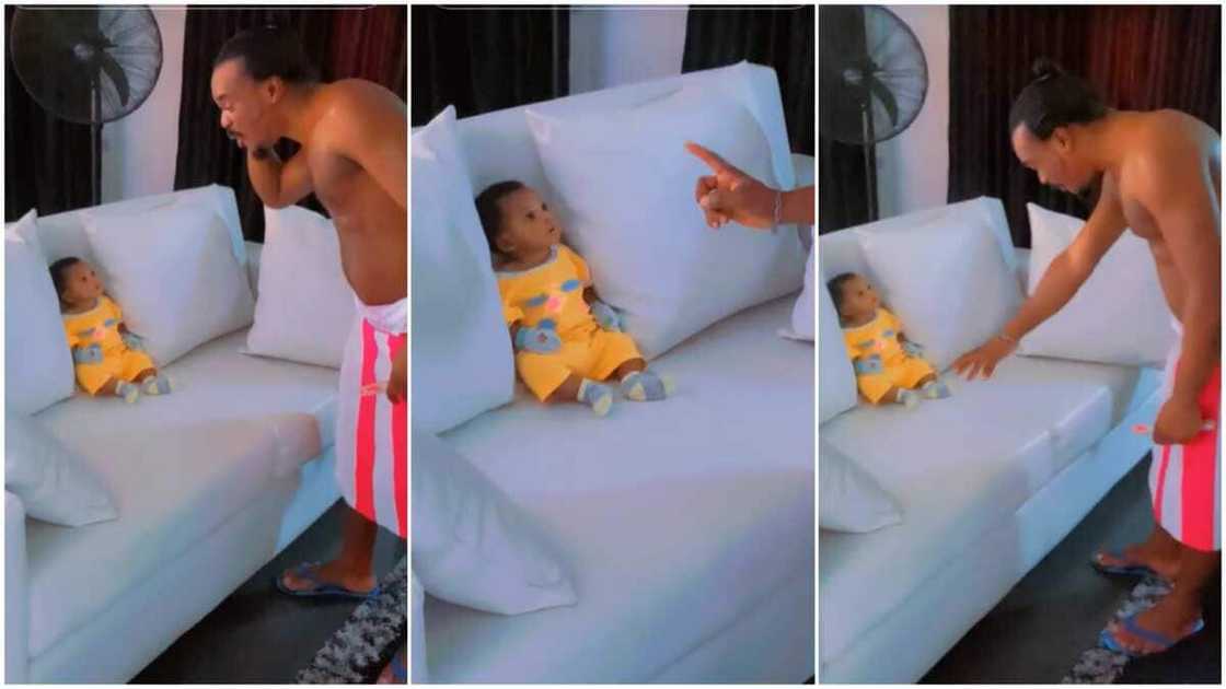 A father talks to newborn baby, asking her to stop crying A father talks to newborn baby, asking her to stop crying