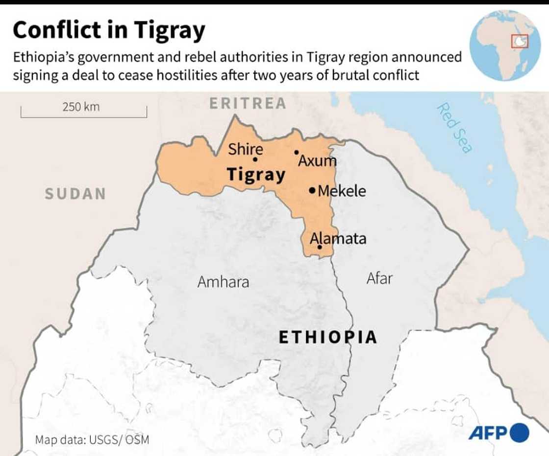Map of the Tigray region and neighbouring Afar and Amhara in Ethiopia Map of the Tigray region and neighbouring Afar and Amhara in Ethiopia