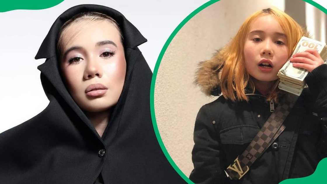 Lil Tay in a black outfit (L). The musician during a music video (R)