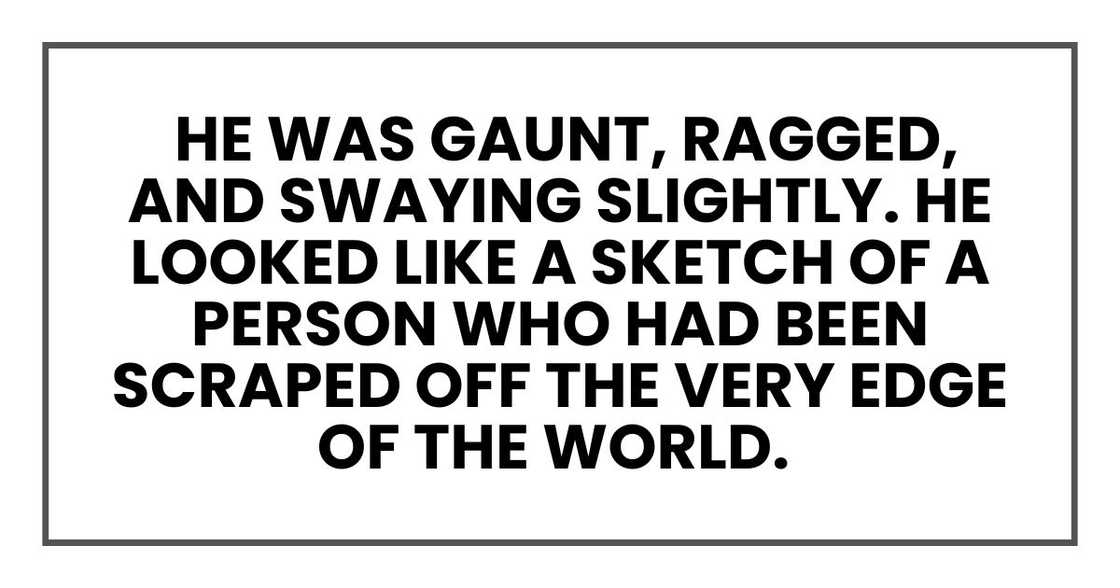 He was gaunt, ragged, and swaying slightly. He looked like a sketch of