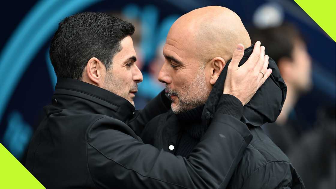 Mikel Arteta and Pep Guardiola before Manchester City vs Arsenal at the Etihad Stadium last season.