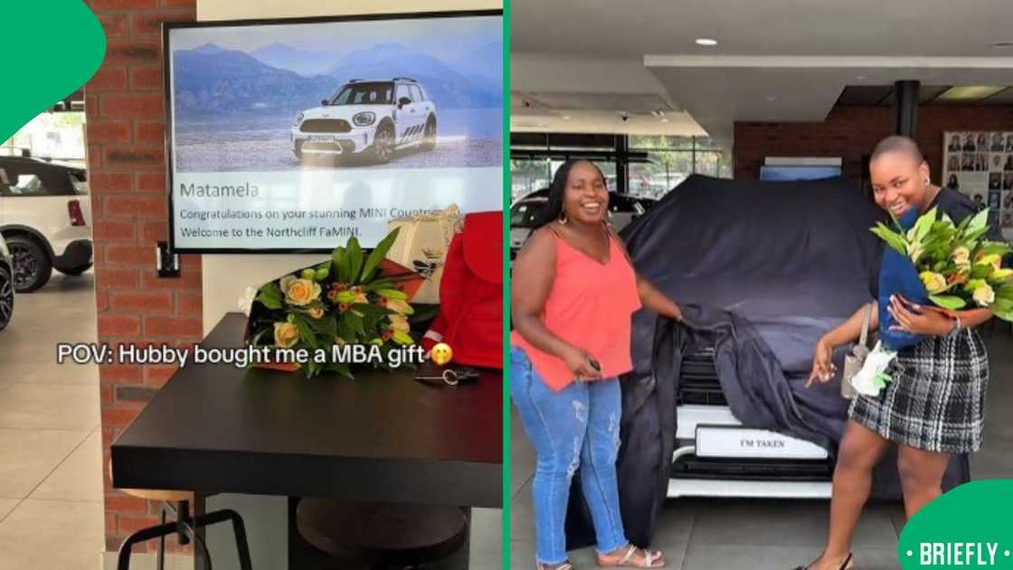 The visual on the right showed the wife unboxing her new car The visual on the right showed the wife unboxing her new car