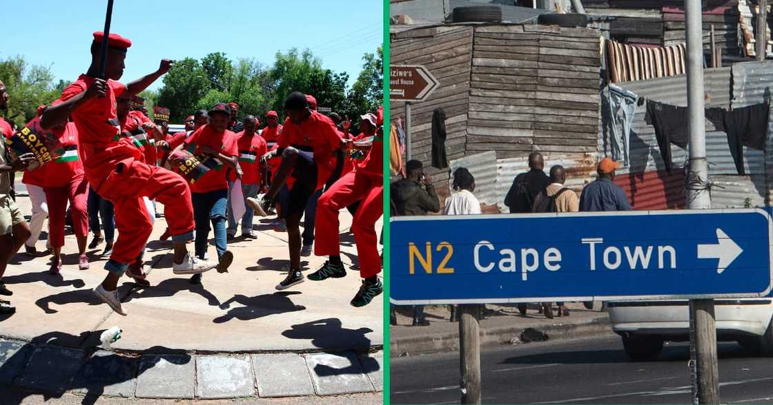 Collage image of EFF protestors and a Cape Town road sign Collage image of EFF protestors and a Cape Town road sign