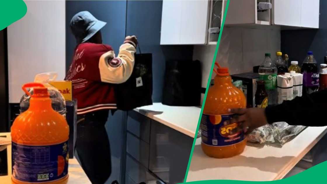 Woman shows groceries for two