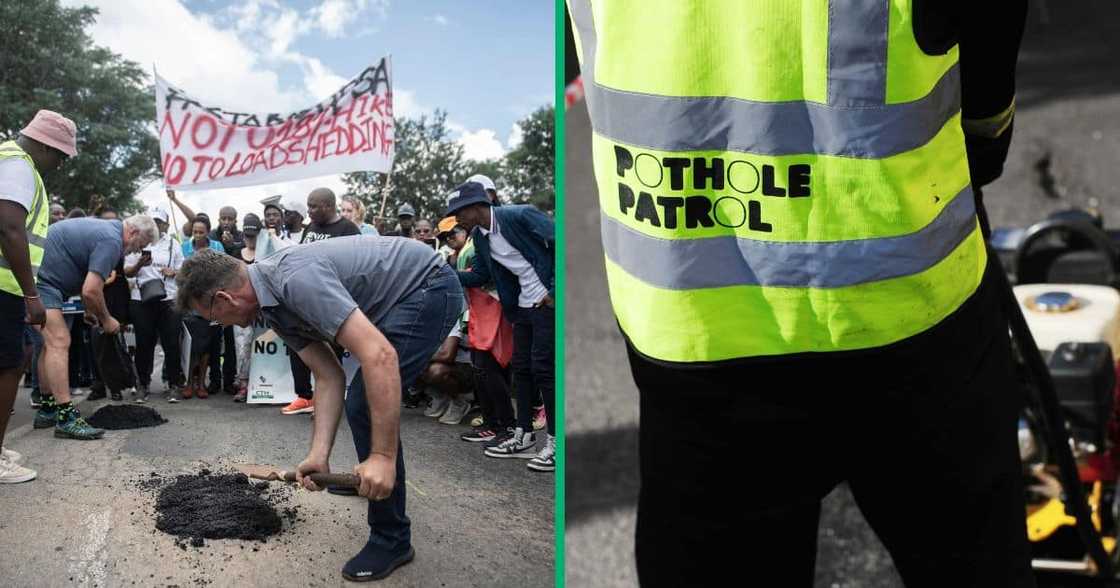 Members of #StandUpSA and #NotInMyName movement fix potholes