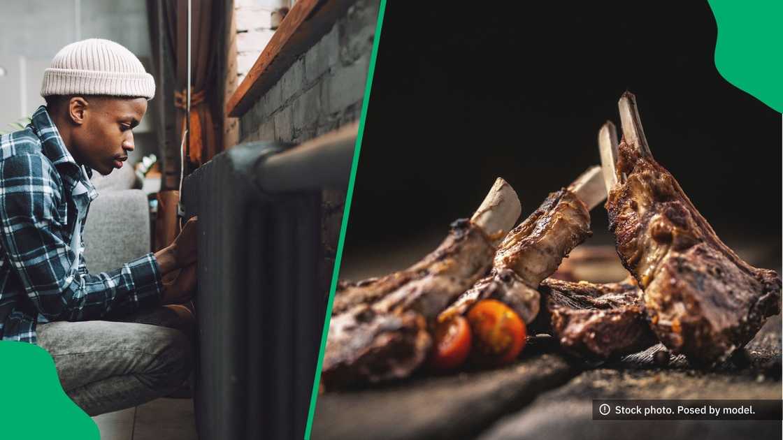 A man used a heater to cook his meat. A man used a heater to cook his meat.