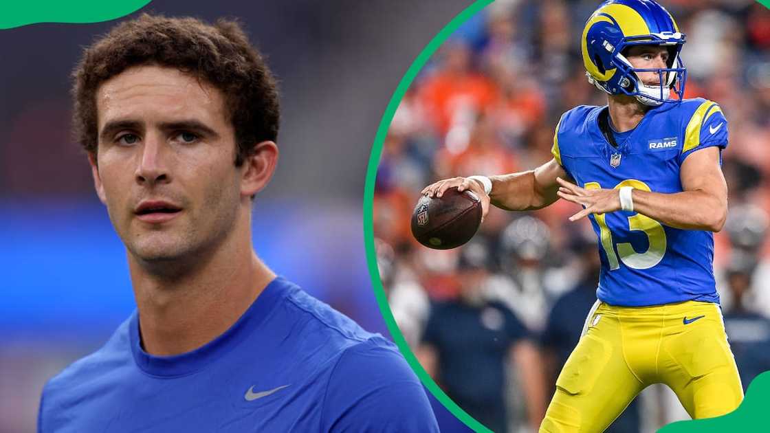 Quarterback Stetson Bennett of the Los Angeles Rams passes against the Denver Broncos at Empower Field at Mile High on 26 August 2023 (right).