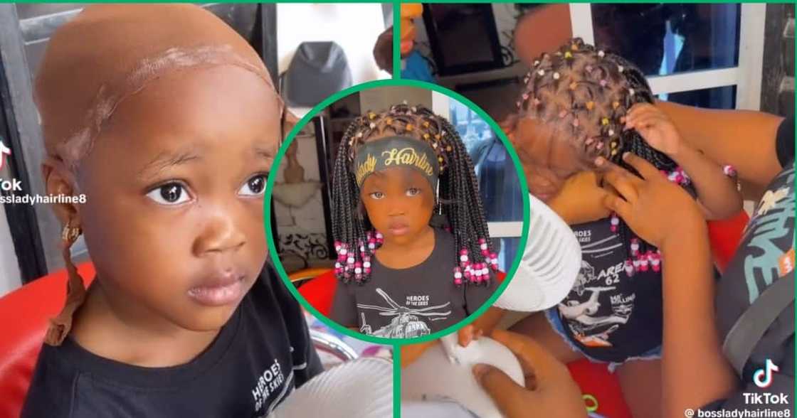 Hairstylists installed a braided lace wig on a young girl Hairstylists installed a braided lace wig on a young girl
