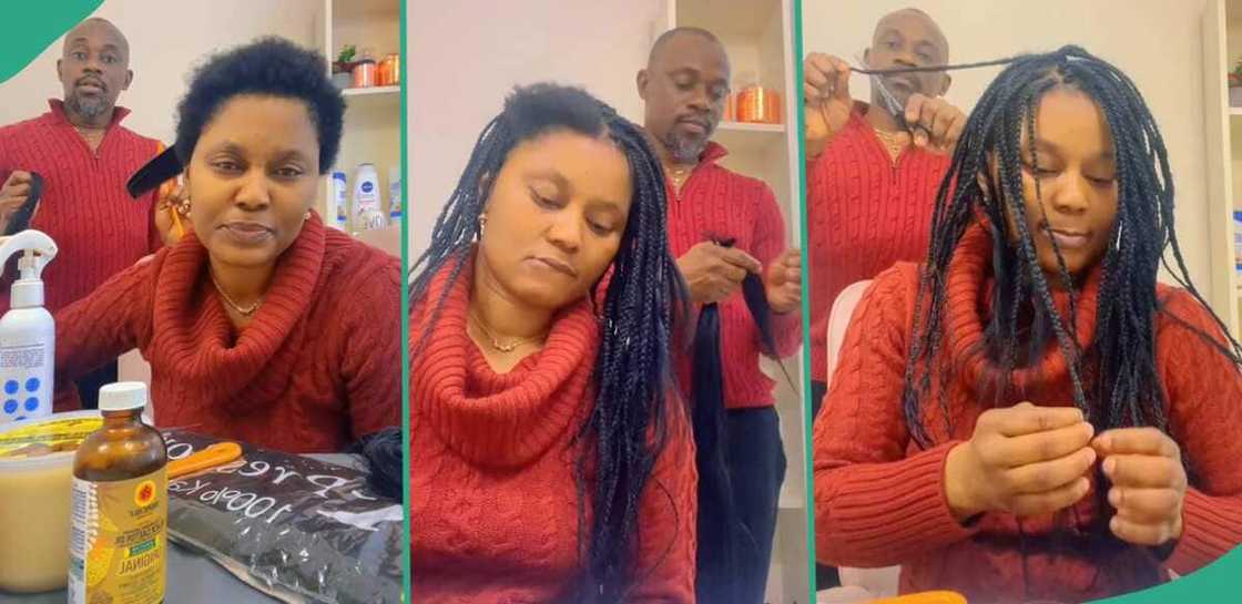 Man braids his wife's hair.