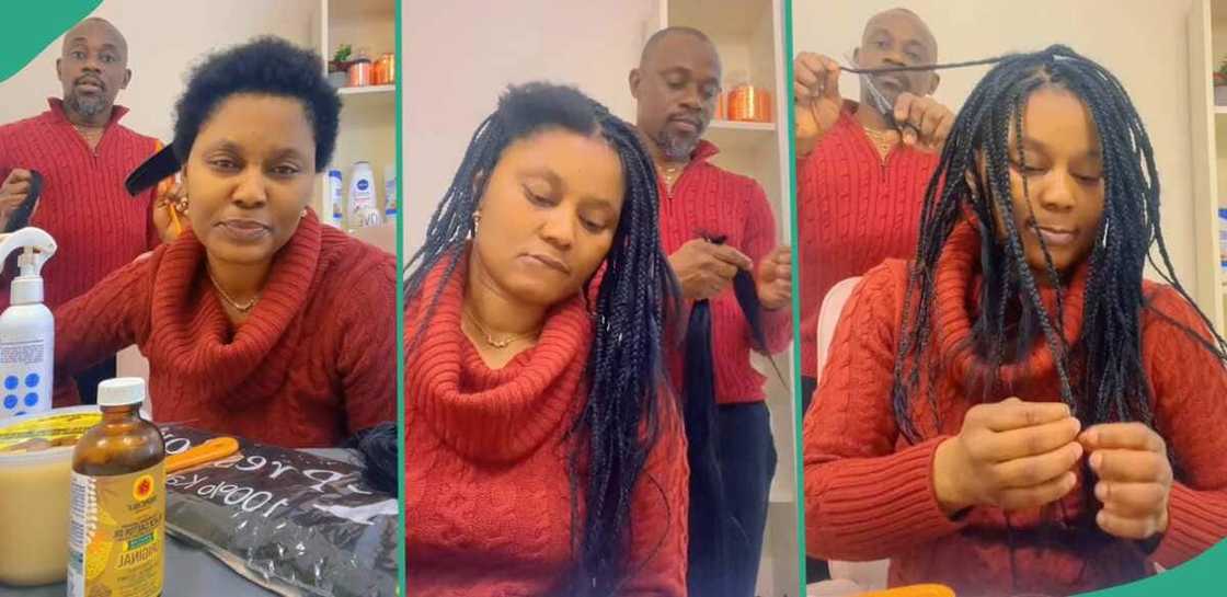 Man braids his wife's hair. Man braids his wife's hair.