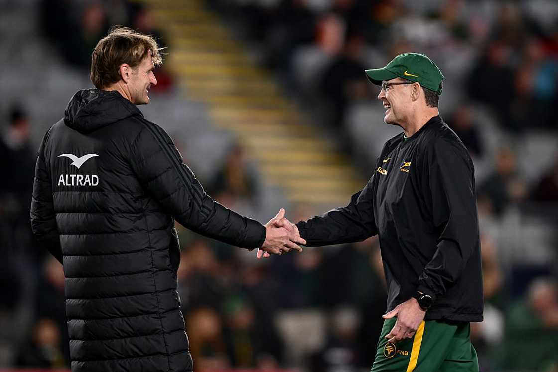 Coach Scott Robertson of New Zealand, coach Rassie Erasmus of South Africa, Rugby Championship match Coach Scott Robertson of New Zealand, coach Rassie Erasmus of South Africa, Rugby Championship match