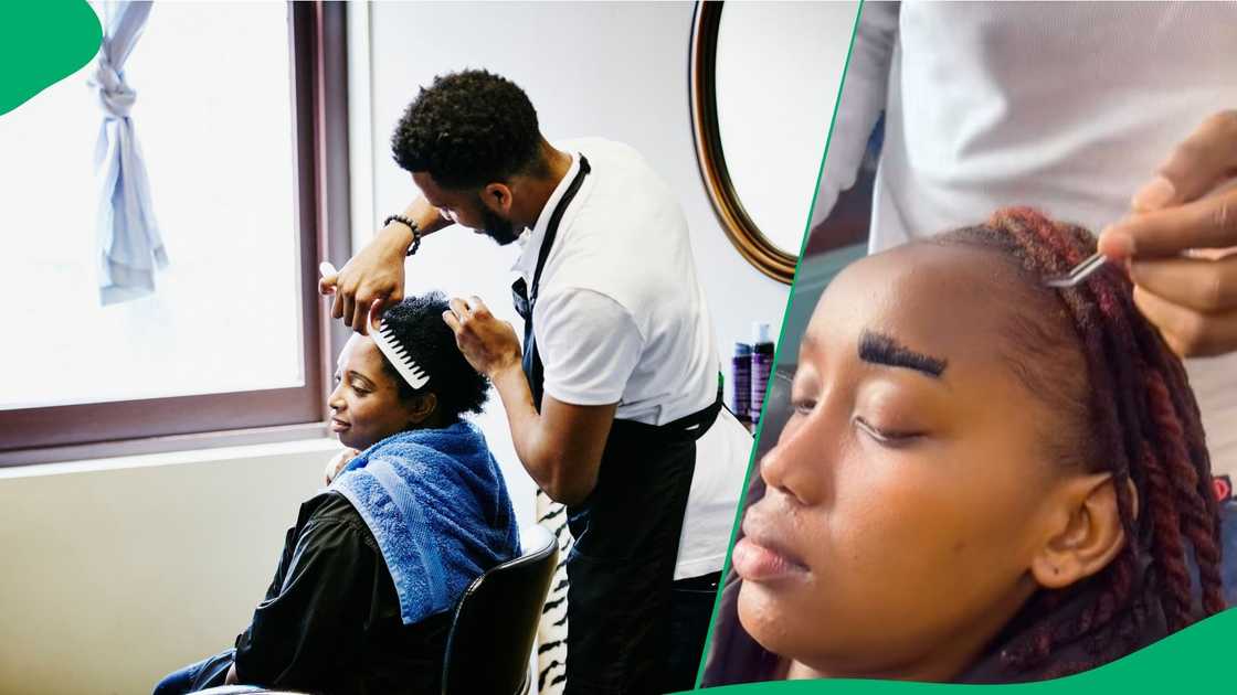 Man uses lashes on woman's eyebrows Man uses lashes on woman's eyebrows