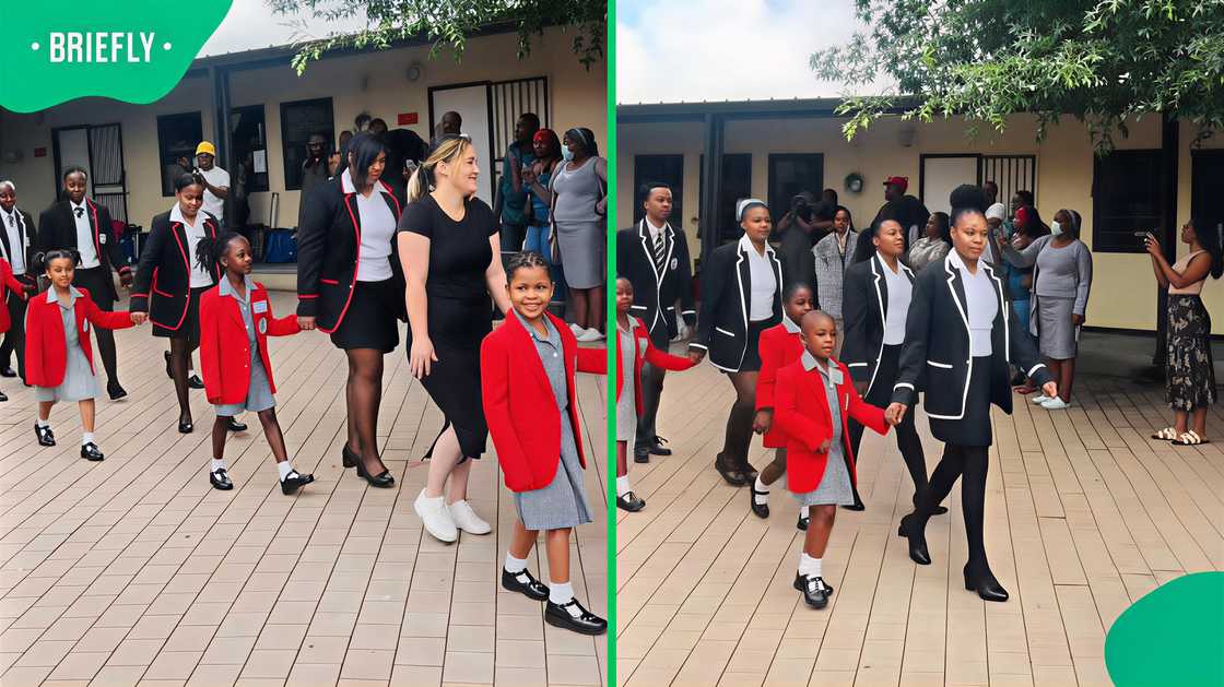A group of school pupils in Grade 1 and Grade 12 walked together on the first day of school. A group of school pupils in Grade 1 and Grade 12 walked together on the first day of school.