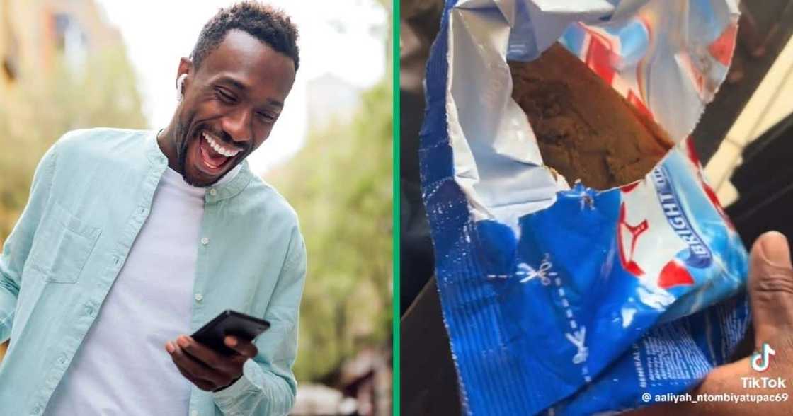Stock photo of man laughing and soil in washing powder wrapper Stock photo of man laughing and soil in washing powder wrapper