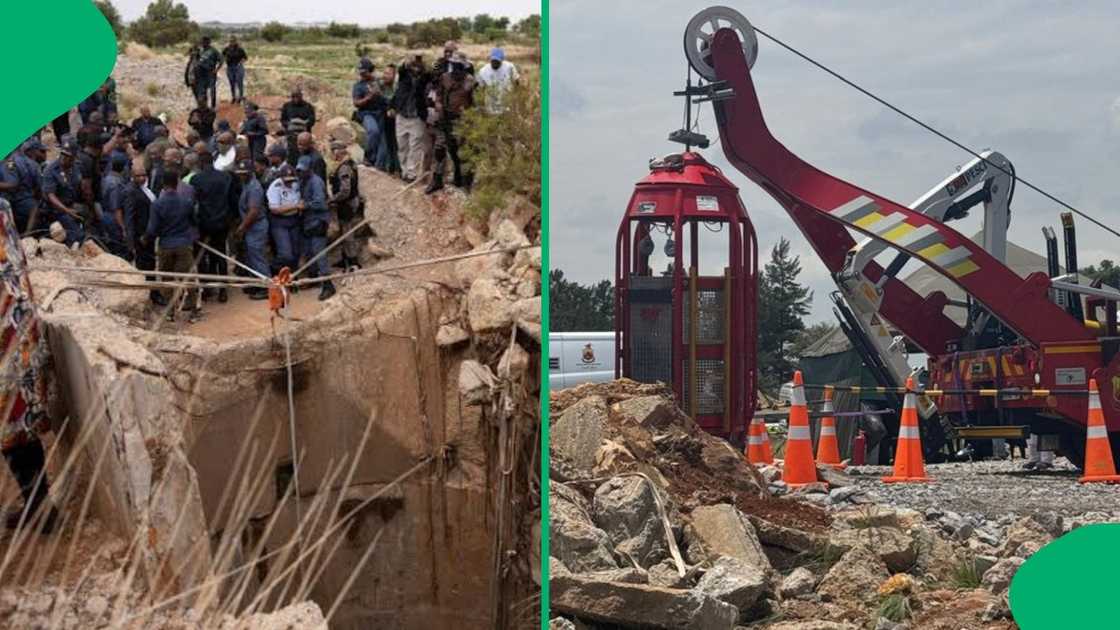 A cage has been lowered into the mineshaft.