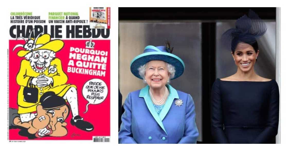 Outrage over Charlie Hebdo's Cartoon showing Queen Kneeling on Meghan's Neck Outrage over Charlie Hebdo's Cartoon showing Queen Kneeling on Meghan's Neck