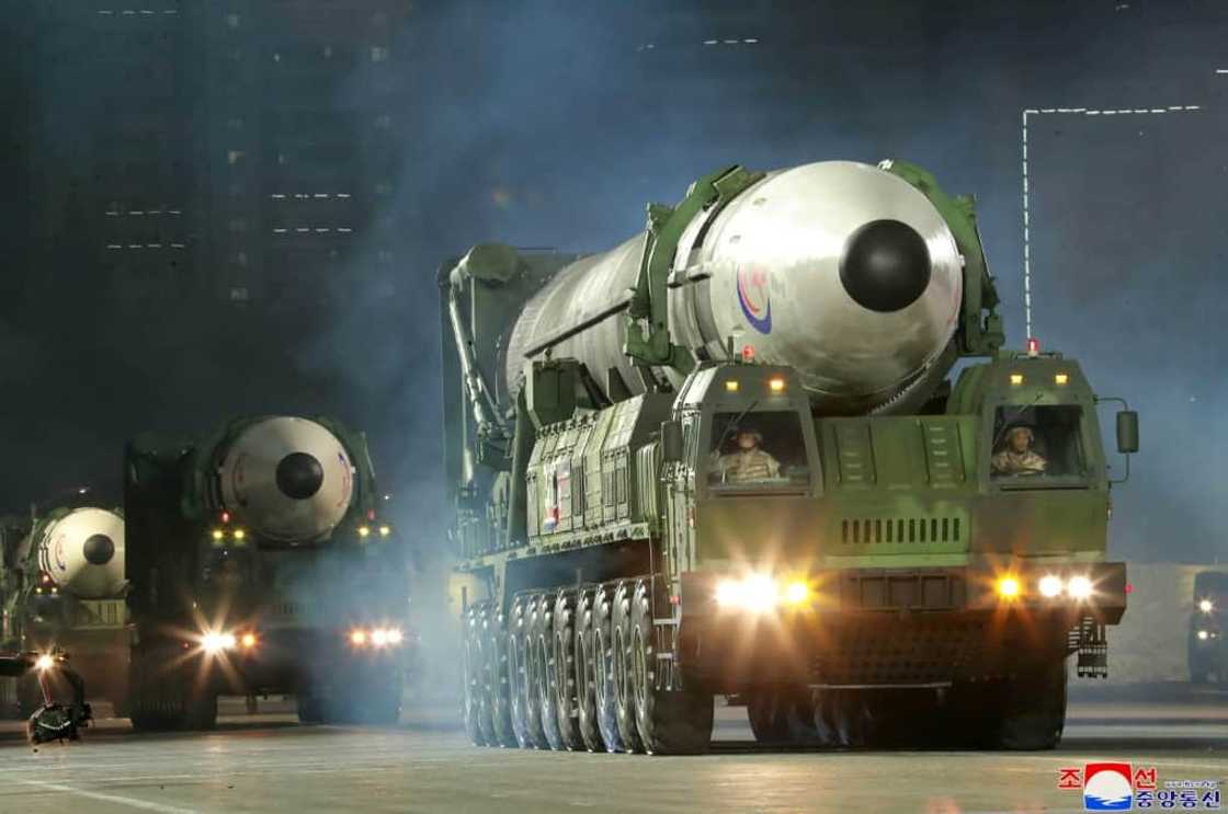 File North Korean state media photo of intercontinental ballistic missiles on display during a military parade in Pyongyang in April 2022