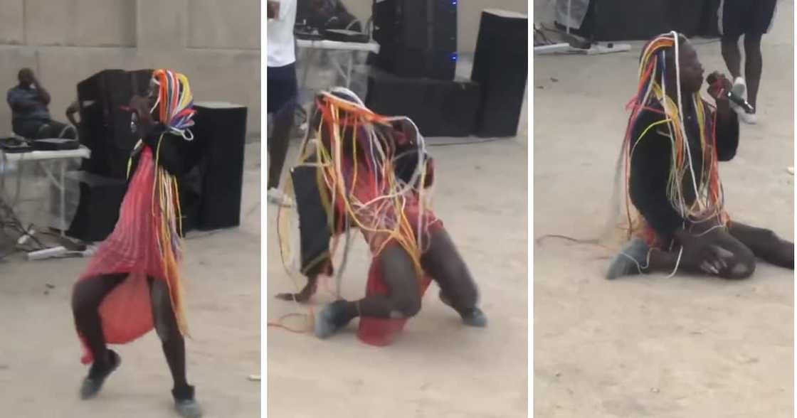 An unorthodox man rocking brightly coloured braids and a dress gave an unforgettable performance. An unorthodox man rocking brightly coloured braids and a dress gave an unforgettable performance.
