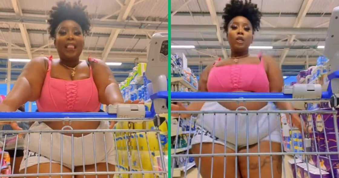 Curvy woman dancing in a grocery store Curvy woman dancing in a grocery store