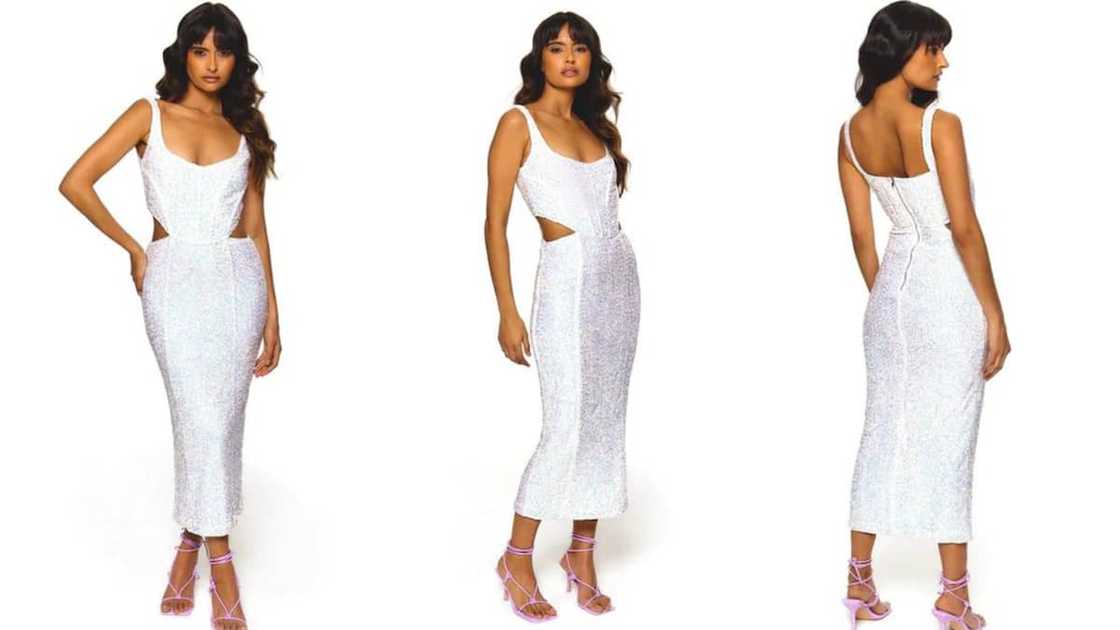 Sequin corset cut-out gown with a square neckline Sequin corset cut-out gown with a square neckline