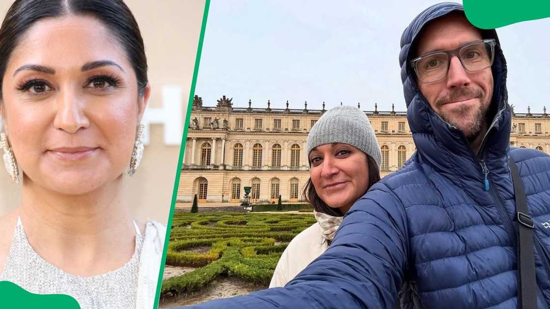 Amna Nawaz at The Music Center in 2023 (L). The journalist and her husband, Paul, at the Palace of Versailles (R)