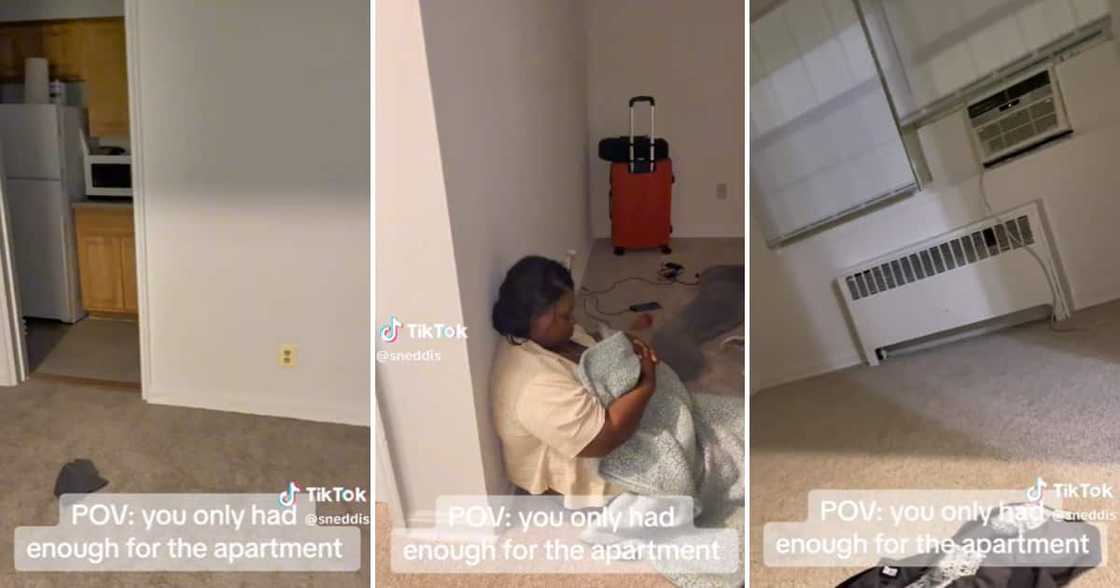 Mother sitting in an empty flat with baby Mother sitting in an empty flat with baby