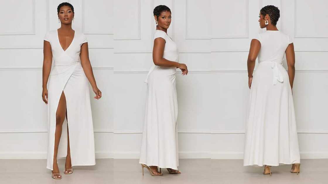 Elegant maxi wrap gown with a plunging V-neckline