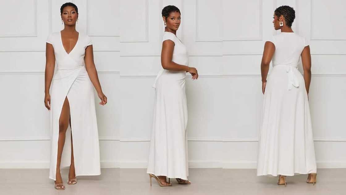 Elegant maxi wrap gown with a plunging V-neckline Elegant maxi wrap gown with a plunging V-neckline