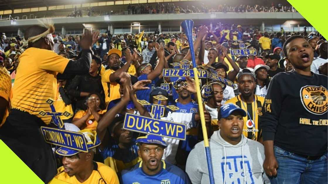 Fans cheer their clun during Cape Town City's clash with Mamelodi Sundowns in the Premier Soccer League.